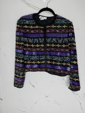 VTG Silk Sequin 80s Jacket Multicolor Cocktail Art To Wear holidays wedding 8
